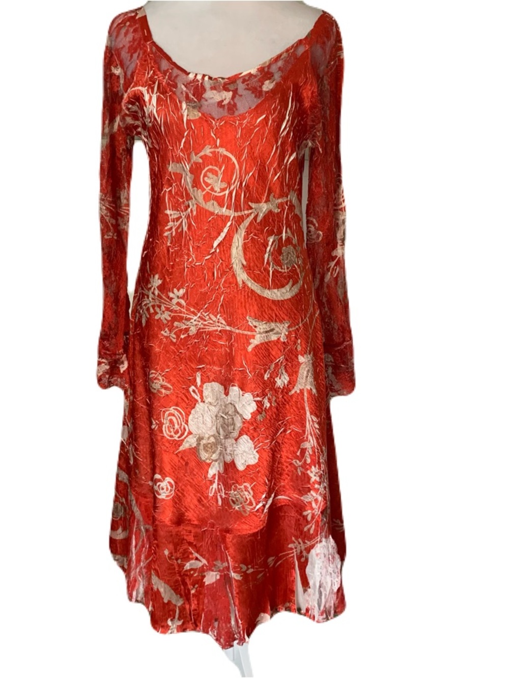Komarov Large Red Beige Floral Long Sleeve Crepe Lacey Midi Dress Fairycore